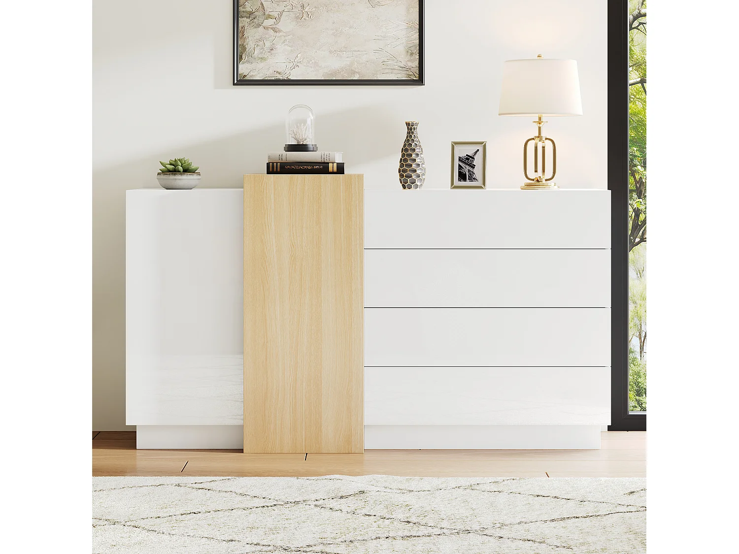 Dressoir met 3 laden en 4 deuren - 160 x 37 x 75 cm - MDF hout - Glanzend wit en houtkleur