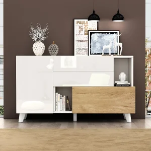 Dressoir met 2 deuren en 2 laden – 120 x 40 x 75 cm – Spaanplaat – Glanzend wit + Licht eiken Dressoir met 2 deuren en 2 laden – 120 x 40 x 75 cm – Spaanplaat – Glanzend wit + Licht eiken