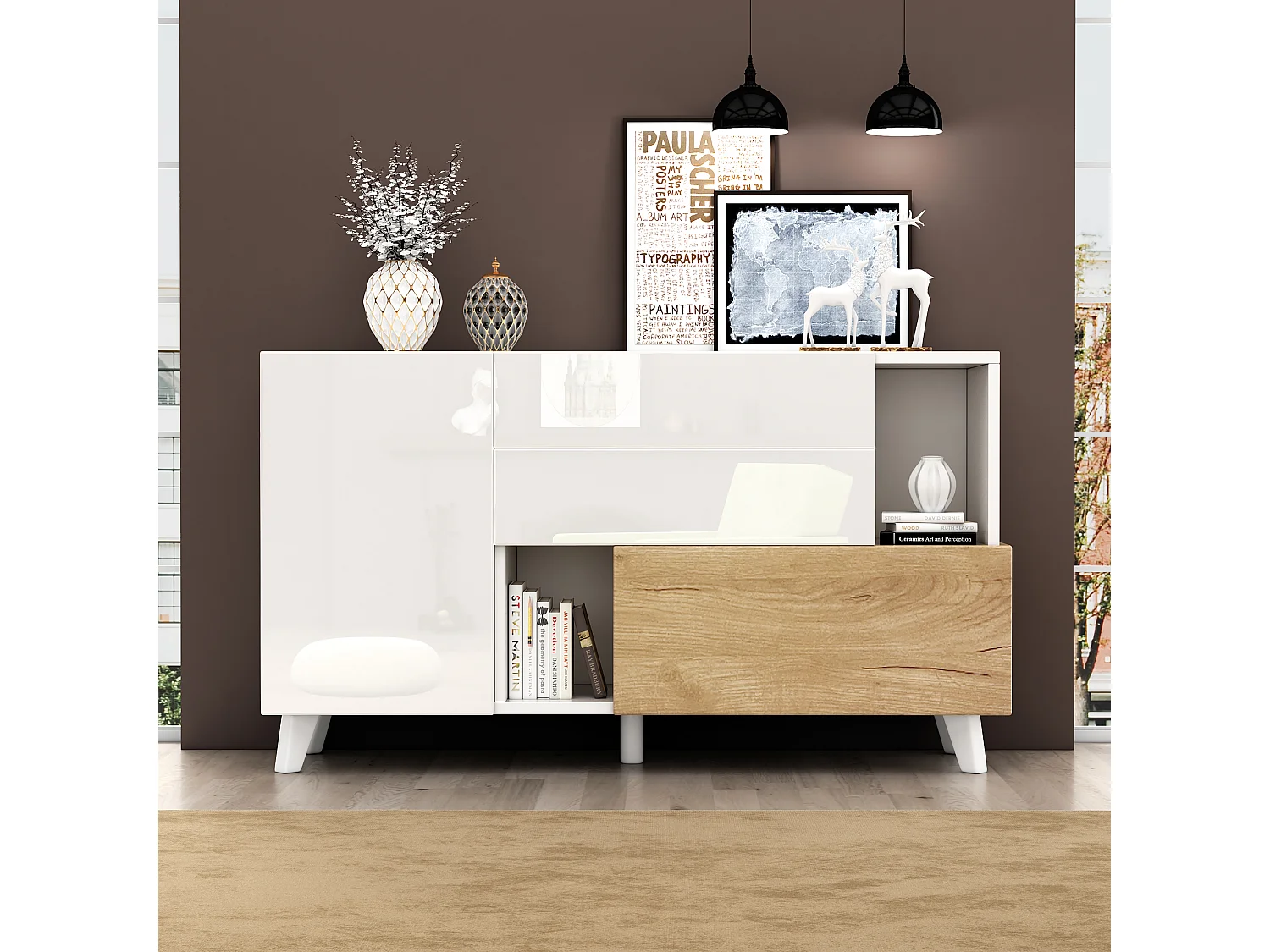 Dressoir met 2 deuren en 2 laden - 120 x 40 x 75 cm - Spaanplaat - Glanzend wit + Licht eiken