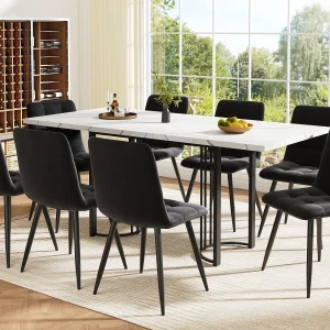 Eettafel met 8 stoelen – Blad van MDF, metalen frame en fluwelen kussens – Wit & Zwart