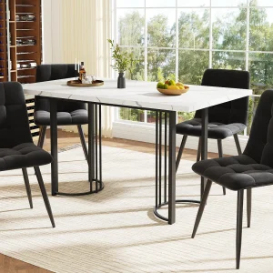 Eettafel met 4 stoelen – Blad van MDF, metalen frame en fluwelen kussens – Wit & Zwart