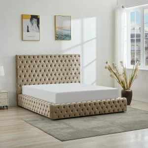 Bed met opbergruimte Chesterfield 160 x 200 cm van taupegrijs velours + matras – DULENI