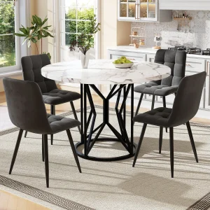 Eettafel + 4 fluwelen stoelen set – 140 x 80 x 75 cm – MDF + gouden metalen poten – Wit + beige