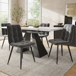 Eettafel + 4 fluwelen stoelen set – 140 x 80 x 75 cm – MDF + gouden metalen poten – Wit + beige