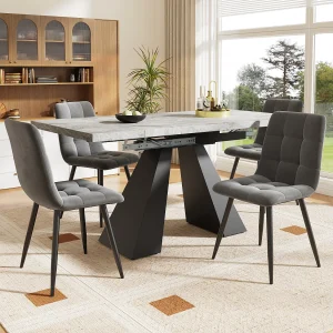 Eettafel + 4 fluwelen stoelen set – 140 x 80 x 75 cm – MDF + gouden metalen poten – Wit + beige