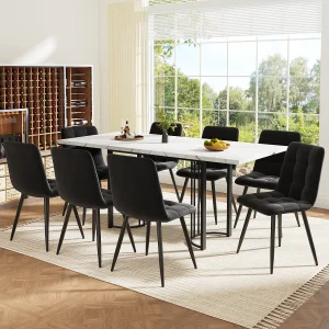 Eettafel + 4 fluwelen stoelen set – 140 x 80 x 75 cm – MDF + gouden metalen poten – Wit + beige
