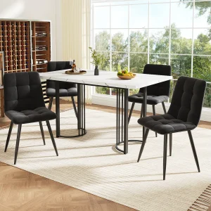 Eettafel + 4 fluwelen stoelen set – 140 x 80 x 75 cm – MDF + gouden metalen poten – Wit + beige