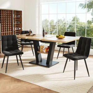 Eettafel + 4 fluwelen stoelen set – 140 x 80 x 75 cm – MDF + gouden metalen poten – Wit + beige