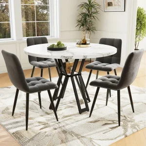 Eettafel + 4 fluwelen stoelen set – 140 x 80 x 75 cm – MDF + gouden metalen poten – Wit + beige