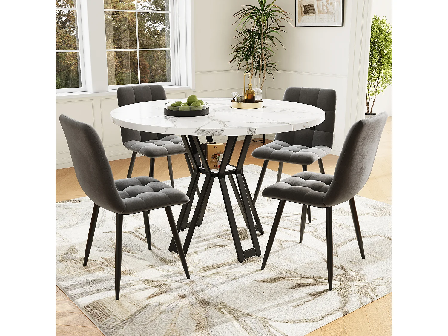 Eettafel + 4 fluwelen stoelen set - 140 x 80 x 75 cm - MDF + gouden metalen poten - Wit + beige