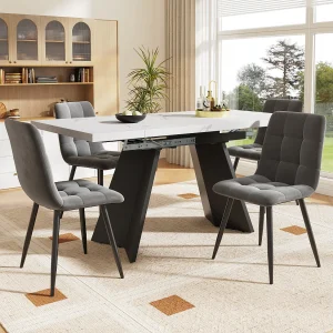 Eettafel + 4 fluwelen stoelen set – 140 x 80 x 75 cm – MDF + gouden metalen poten – Wit + beige