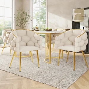 Eettafel + 4 fluwelen stoelen set – 140 x 80 x 75 cm – MDF + gouden metalen poten – Wit + beige