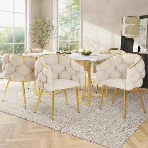 Eettafel + 4 fluwelen stoelen set – 140 x 80 x 75 cm – MDF + gouden metalen poten – Wit + beige