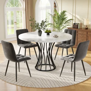 Eettafel + 4 fluwelen stoelen set – 140 x 80 x 75 cm – MDF + gouden metalen poten – Wit + beige