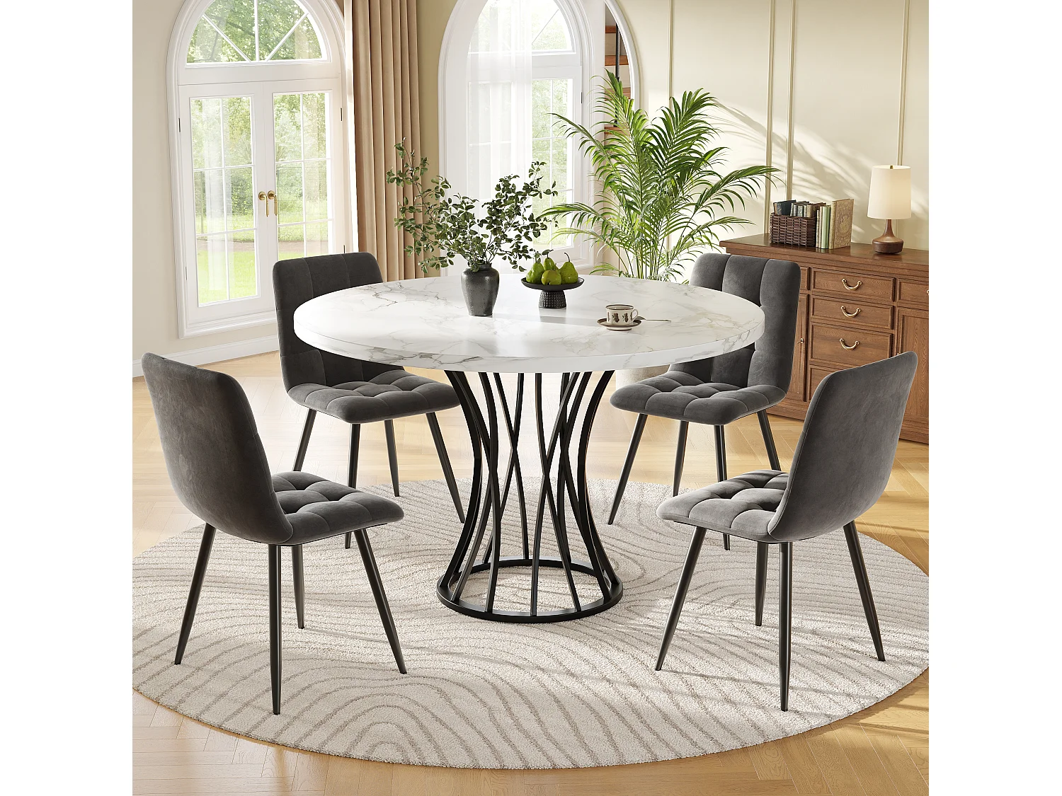 Eettafel + 4 fluwelen stoelen set - 140 x 80 x 75 cm - MDF + gouden metalen poten - Wit + beige