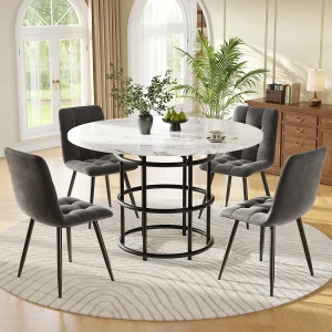 Eettafel + 4 fluwelen stoelen set – 140 x 80 x 75 cm – MDF + gouden metalen poten – Wit + beige