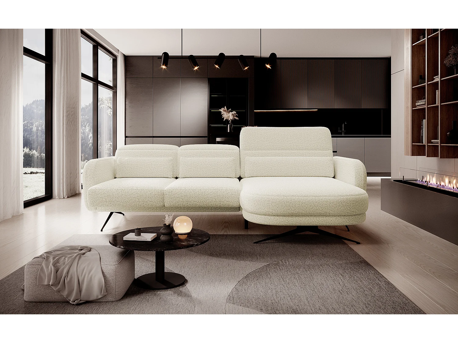 ECKSOFA BARILLO - Verstelbare rugleuning, stalen poten, 3 kussens, onafhankelijk, 261x170x97cm, rechterkant Beige