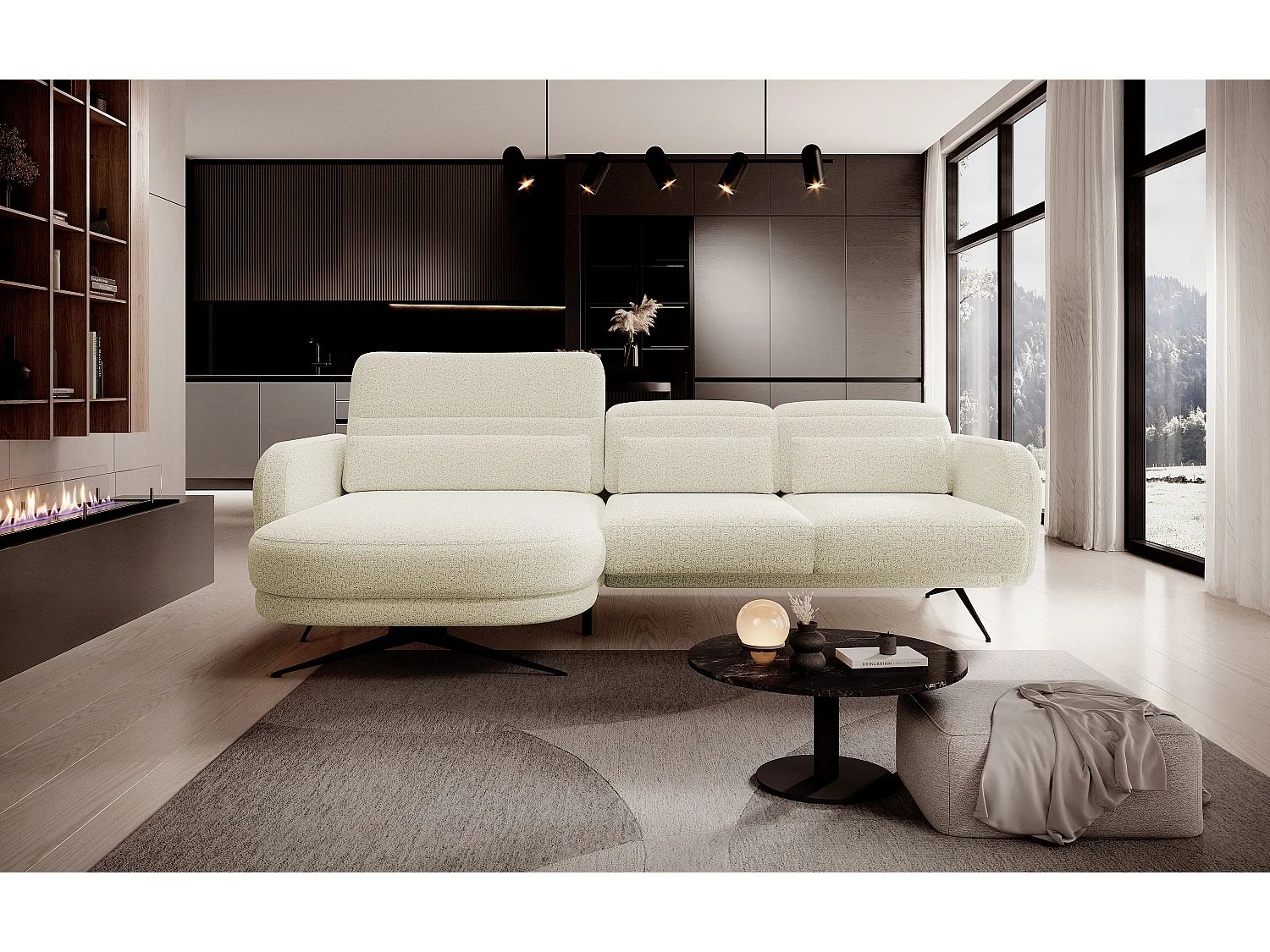 ECKSOFA BARILLO - Verstelbare rugleuning, stalen poten, 3 kussens, onafhankelijk, 261x170x97cm, linkerkant beige