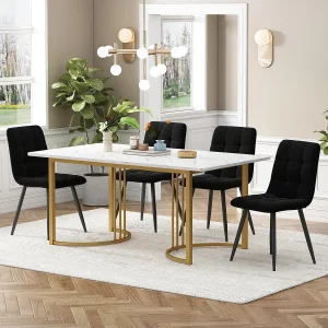 Eetkamerset, tafel 140×80×75 cm met 4 stoelen, MDF+metaal+fluweel, goud+wit+zwart Eetkamerset, tafel 140×80×75 cm met 4 stoelen, MDF+metaal+fluweel, goud+wit+zwart