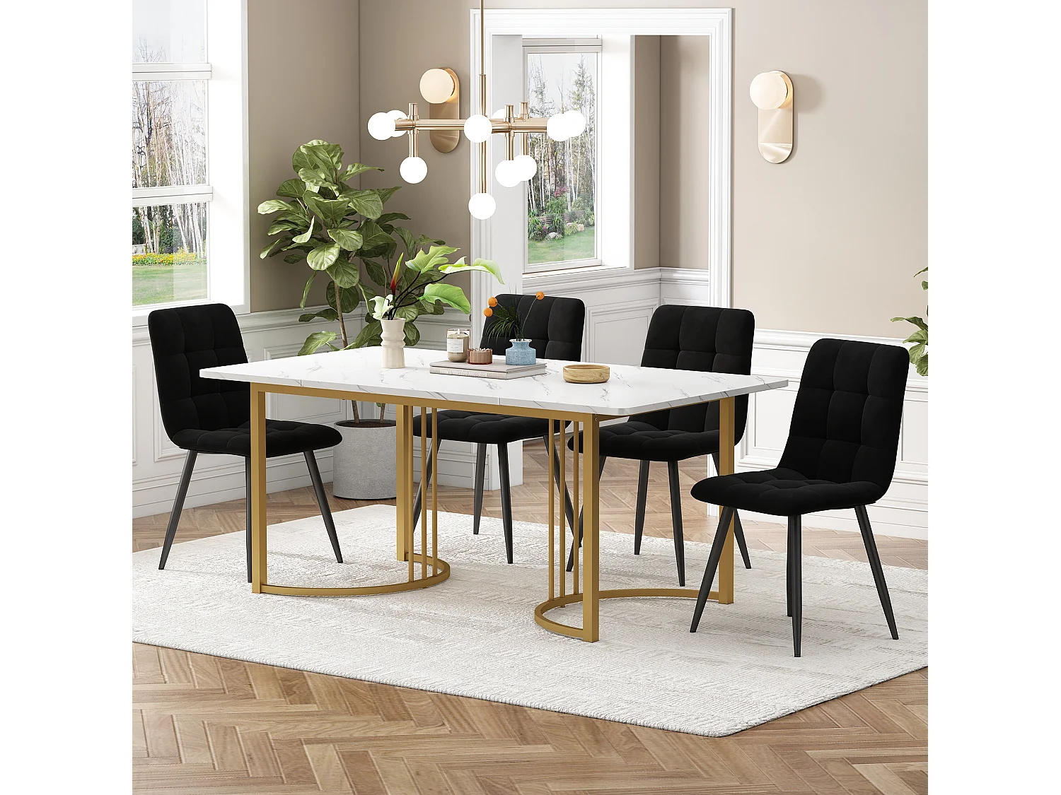 Eetkamerset, tafel 140×80×75 cm met 4 stoelen, MDF+metaal+fluweel, goud+wit+zwart
