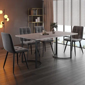 Eetkamerset, tafel 140×80×75 cm met 4 stoelen, MDF+metaal+fluweel, zwart+grijs+donkergrijs Eetkamerset, tafel 140×80×75 cm met 4 stoelen, MDF+metaal+fluweel, zwart+grijs+donkergrijs
