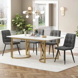 Eetkamerset, tafel 140×80×75 cm met 4 stoelen, MDF+metaal+fluweel, goud+wit+donkergrijs Eetkamerset, tafel 140×80×75 cm met 4 stoelen, MDF+metaal+fluweel, goud+wit+donkergrijs