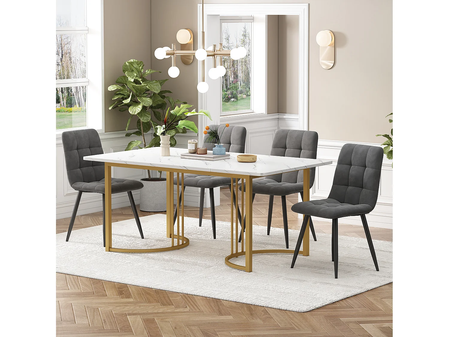 Eetkamerset, tafel 140×80×75 cm met 4 stoelen, MDF+metaal+fluweel, goud+wit+donkergrijs