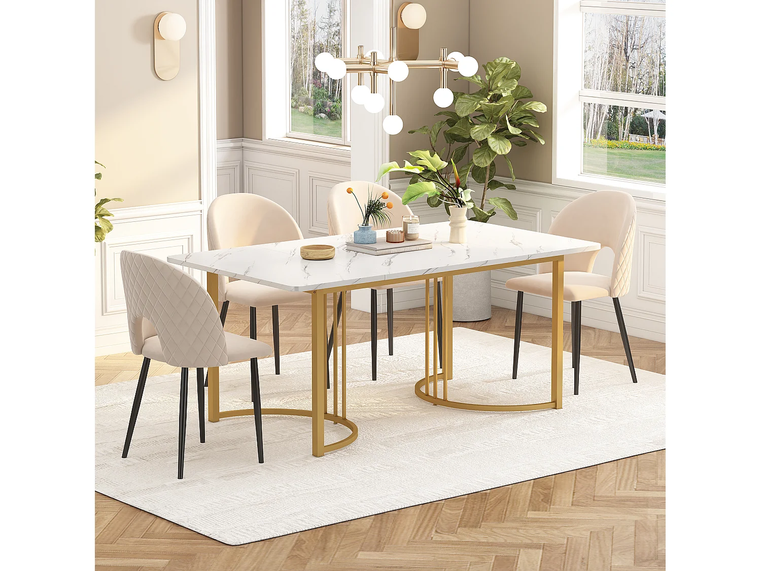 Eetkamerset, tafel 140×80×75 cm met 4 stoelen met verstelbare poten, MDF+metaal+fluweel, goud+wit+beige