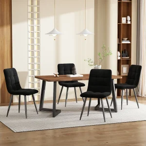 Eetkamerset, tafel 140×80×75 cm met 4 stoelen, MDF+metaal+fluweel, zwart+walnoot Eetkamerset, tafel 140×80×75 cm met 4 stoelen, MDF+metaal+fluweel, zwart+walnoot