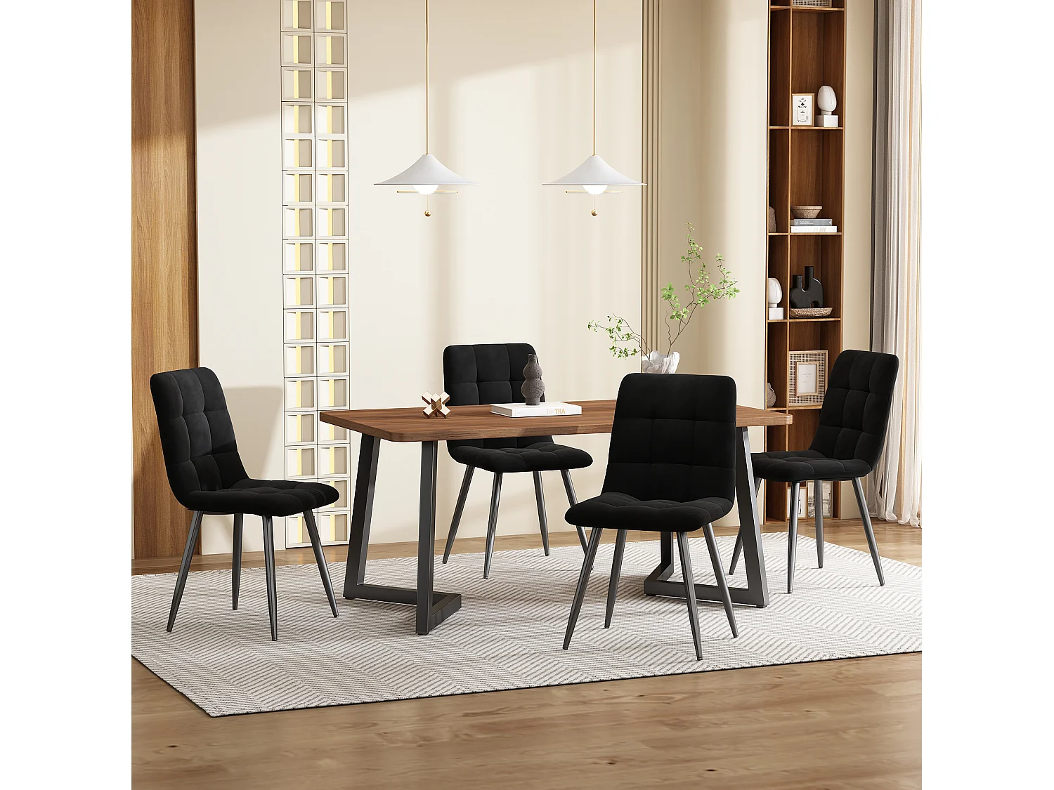 Eetkamerset, tafel 140×80×75 cm met 4 stoelen, MDF+metaal+fluweel, zwart+walnoot