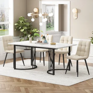 Eetkamerset, tafel 140×80×75 cm met 4 stoelen, MDF+metaal+fluweel, zwart+wit+beige Eetkamerset, tafel 140×80×75 cm met 4 stoelen, MDF+metaal+fluweel, zwart+wit+beige