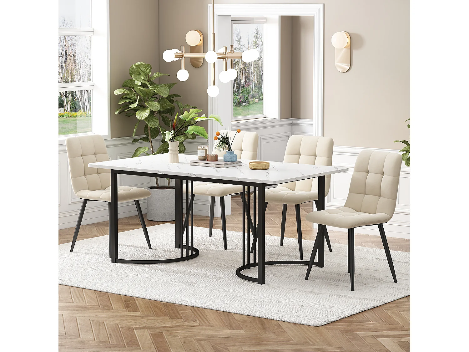Eetkamerset, tafel 140×80×75 cm met 4 stoelen, MDF+metaal+fluweel, zwart+wit+beige