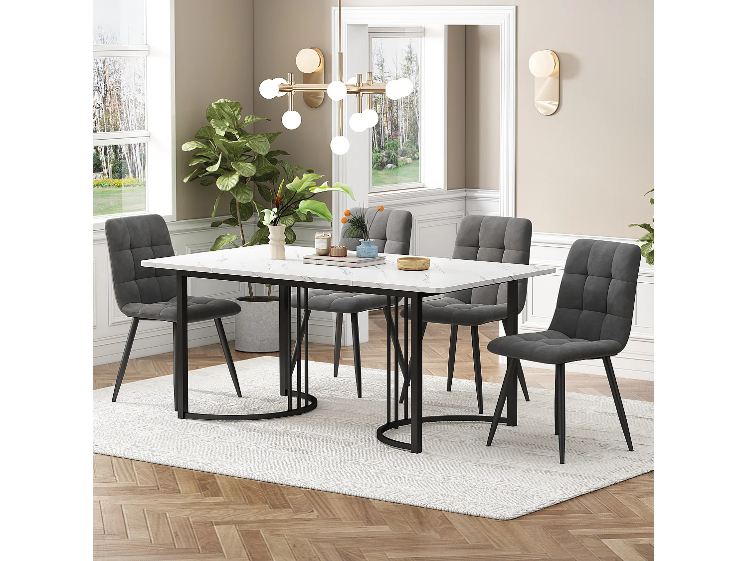 Eetkamerset, tafel 140×80×75 cm met 4 stoelen, MDF+metaal+fluweel, zwart+wit+donkergrijs