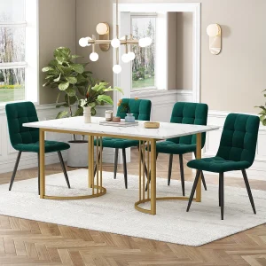 Eetkamerset, tafel 140×80×75 cm met 4 stoelen, MDF+metaal+fluweel, goud+wit+donkergroen Eetkamerset, tafel 140×80×75 cm met 4 stoelen, MDF+metaal+fluweel, goud+wit+donkergroen