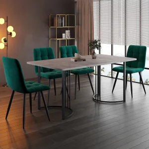 Eetkamerset, tafel 140×80×75 cm met 4 stoelen, MDF+metaal+fluweel, zwart+grijs+donkergroen Eetkamerset, tafel 140×80×75 cm met 4 stoelen, MDF+metaal+fluweel, zwart+grijs+donkergroen