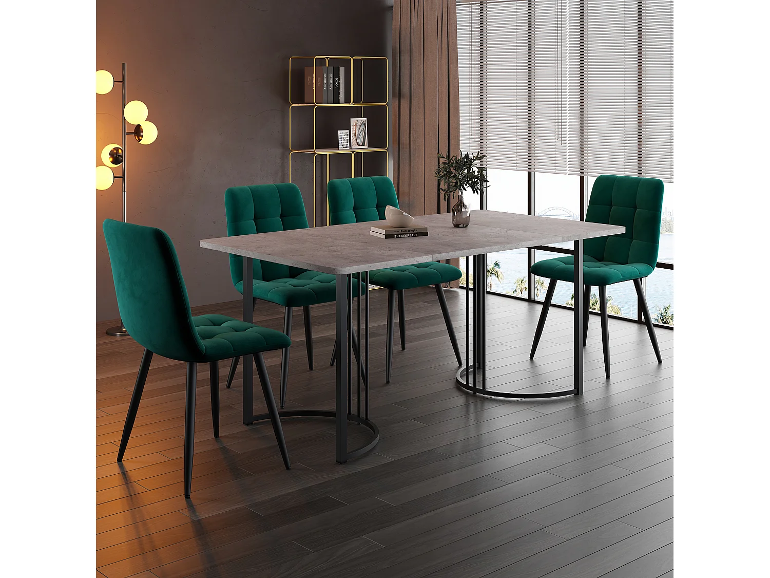Eetkamerset, tafel 140×80×75 cm met 4 stoelen, MDF+metaal+fluweel, zwart+grijs+donkergroen