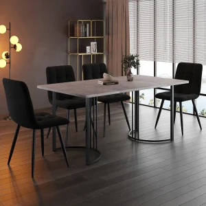 Eetkamerset, tafel 140×80×75 cm met 4 stoelen, MDF+metaal+fluweel, zwart+grijs Eetkamerset, tafel 140×80×75 cm met 4 stoelen, MDF+metaal+fluweel, zwart+grijs