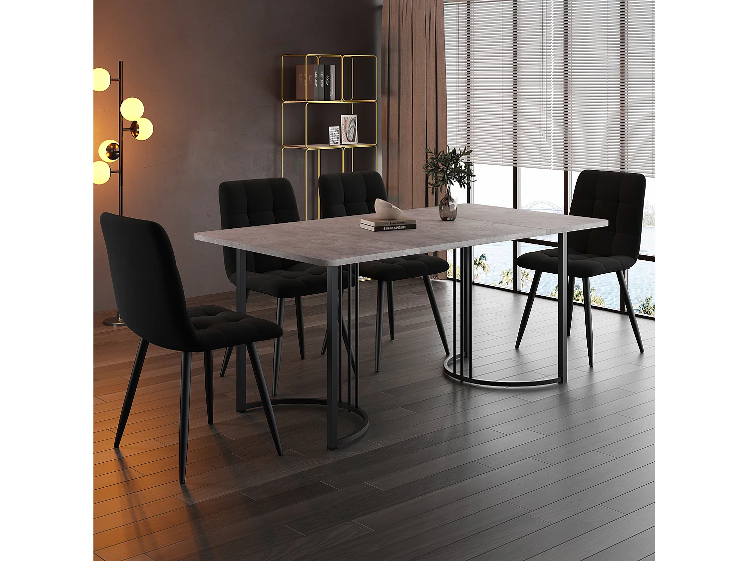 Eetkamerset, tafel 140×80×75 cm met 4 stoelen, MDF+metaal+fluweel, zwart+grijs