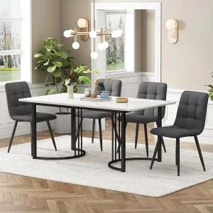 Eetkamerset, tafel 140×80×75 cm met 4 stoelen, MDF+metaal+linnen, zwart+wit+donkergrijs Eetkamerset, tafel 140×80×75 cm met 4 stoelen, MDF+metaal+linnen, zwart+wit+donkergrijs