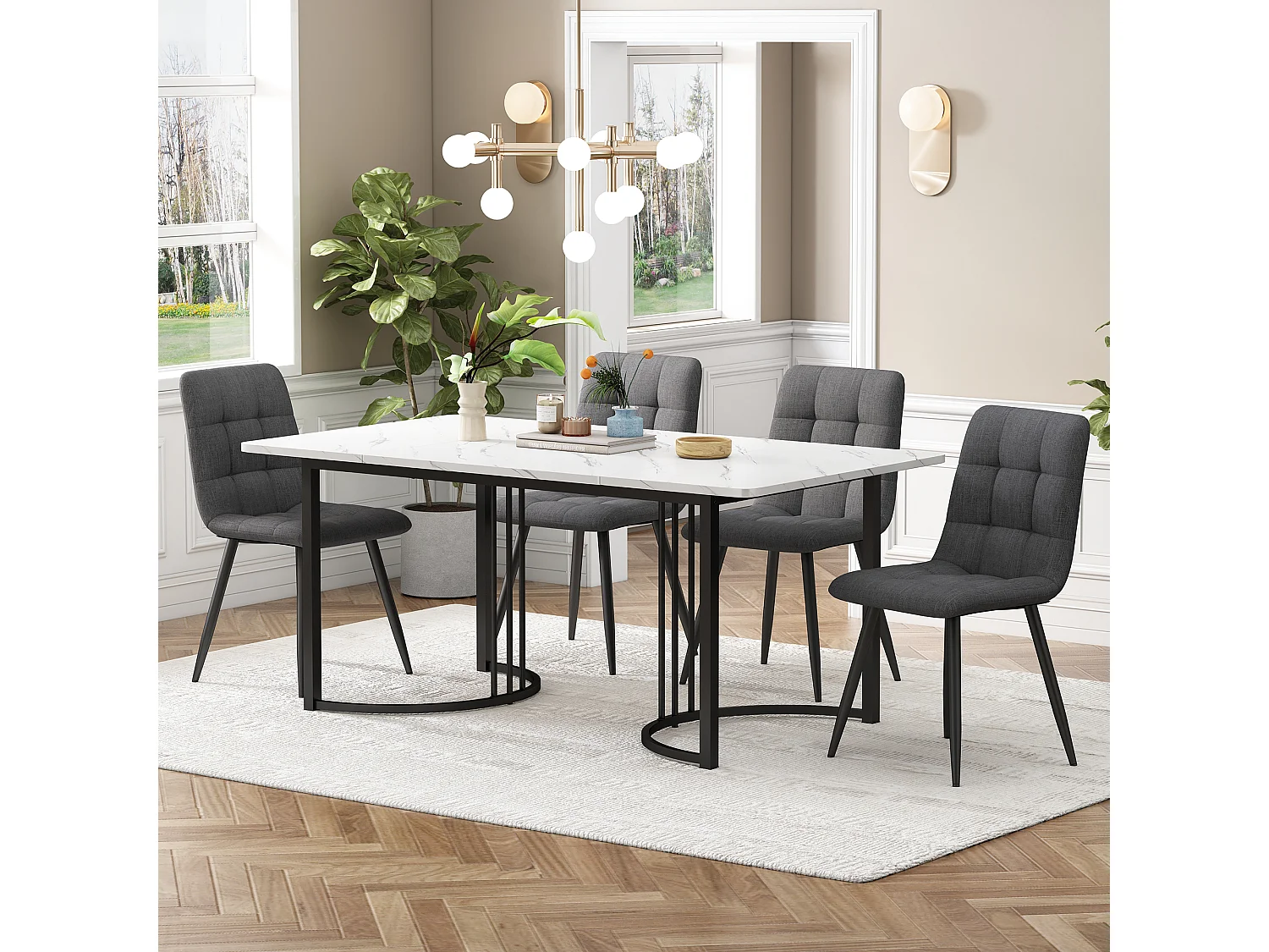 Eetkamerset, tafel 140×80×75 cm met 4 stoelen, MDF+metaal+linnen, zwart+wit+donkergrijs