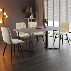 Eetkamerset, tafel 140×80×75 cm met 4 stoelen, MDF+metaal+fluweel, zwart+grijs+beige Eetkamerset, tafel 140×80×75 cm met 4 stoelen, MDF+metaal+fluweel, zwart+grijs+beige