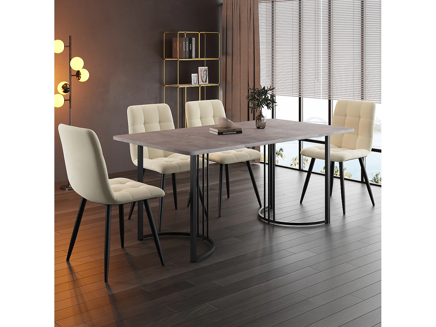 Eetkamerset, tafel 140×80×75 cm met 4 stoelen, MDF+metaal+fluweel, zwart+grijs+beige