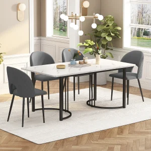 Eetkamerset, tafel 140×80×75 cm met 4 stoelen met verstelbare poten, MDF+metaal+fluweel, zwart+wit+grijs Eetkamerset, tafel 140×80×75 cm met 4 stoelen met verstelbare poten, MDF+metaal+fluweel, zwart+wit+grijs