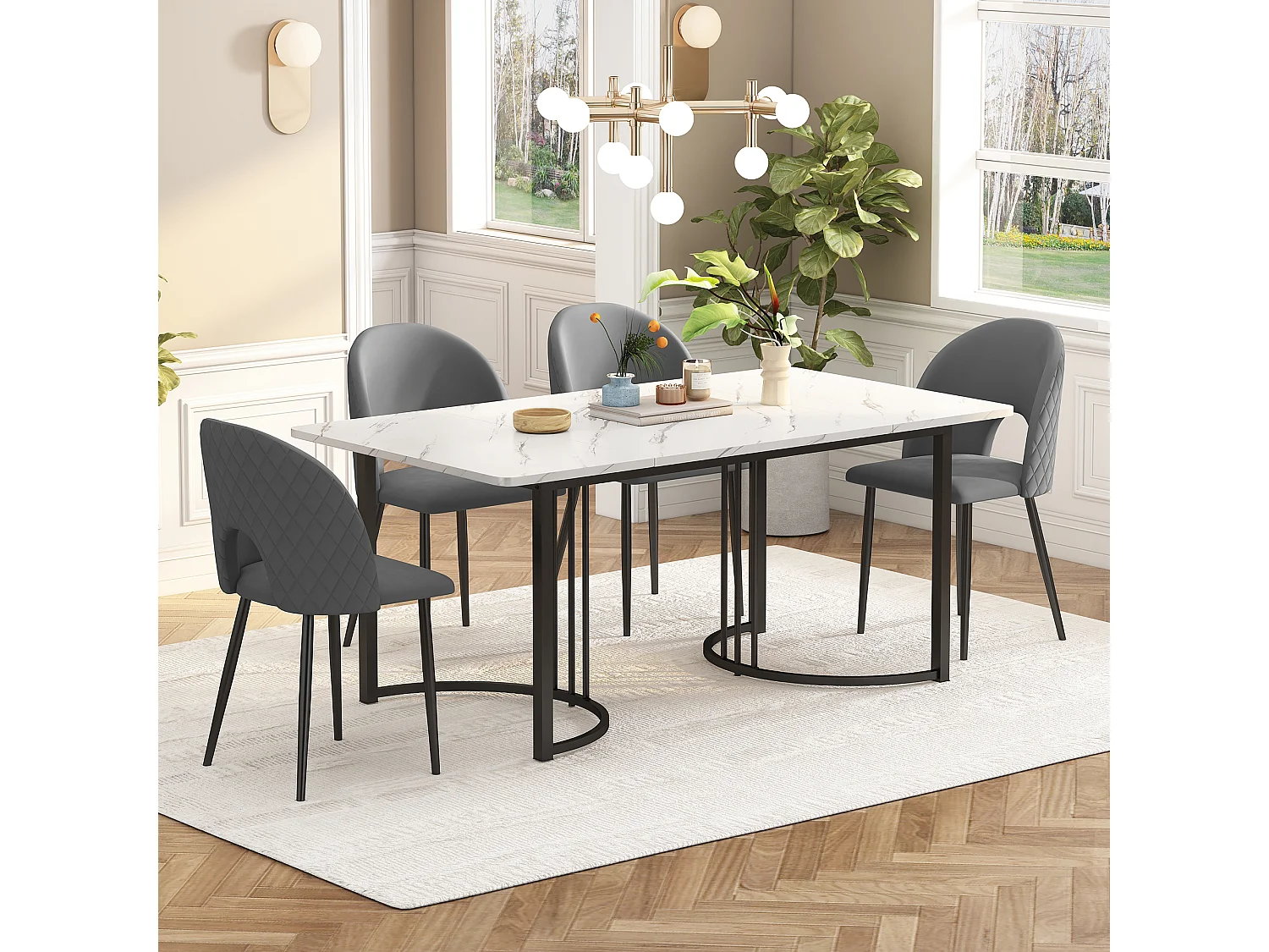 Eetkamerset, tafel 140×80×75 cm met 4 stoelen met verstelbare poten, MDF+metaal+fluweel, zwart+wit+grijs