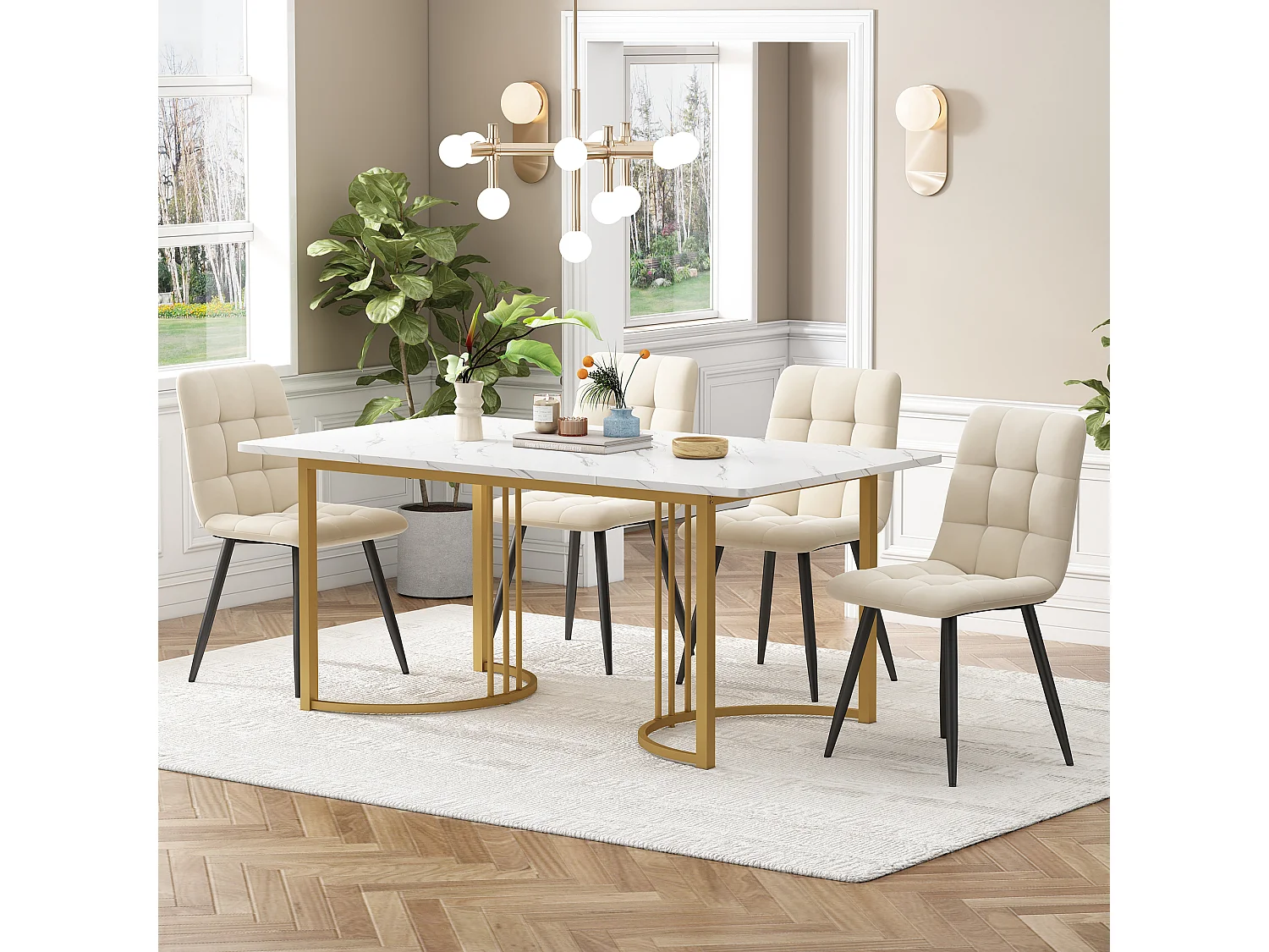 Eetkamerset, tafel 140×80×75 cm met 4 stoelen, MDF+metaal+fluweel, goud+wit+beige