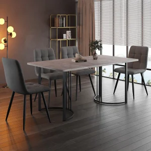 Eetkamerset, tafel 140×80×75 cm met 4 stoelen met verstelbare poten, MDF+metaal+fluweel, wit+zwart+goud Eetkamerset, tafel 140×80×75 cm met 4 stoelen met verstelbare poten, MDF+metaal+fluweel, wit+zwart+goud