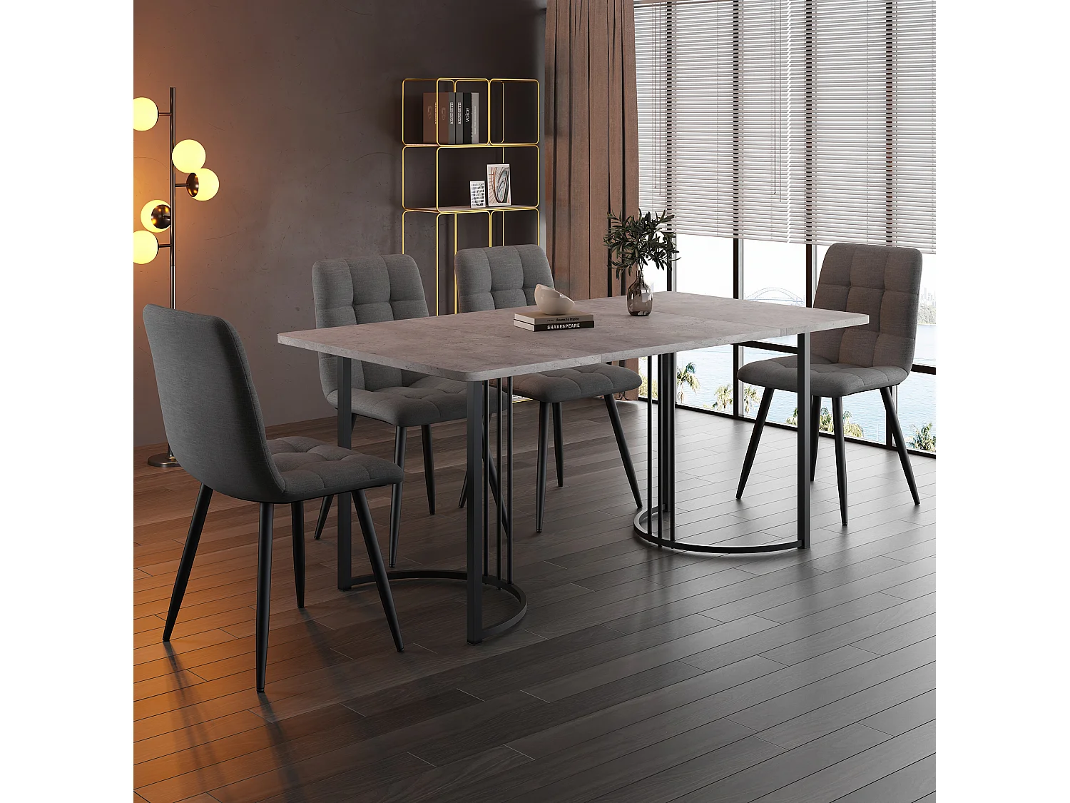 Eetkamerset, tafel 140×80×75 cm met 4 stoelen met verstelbare poten, MDF+metaal+fluweel, wit+zwart+goud