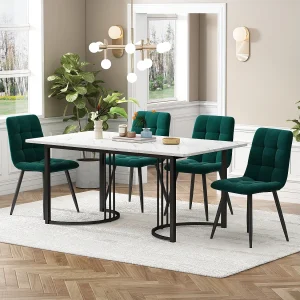 Eetkamerset, tafel 140×80×75 cm met 4 stoelen, MDF+metaal+fluweel, zwart+wit+donkergroen Eetkamerset, tafel 140×80×75 cm met 4 stoelen, MDF+metaal+fluweel, zwart+wit+donkergroen