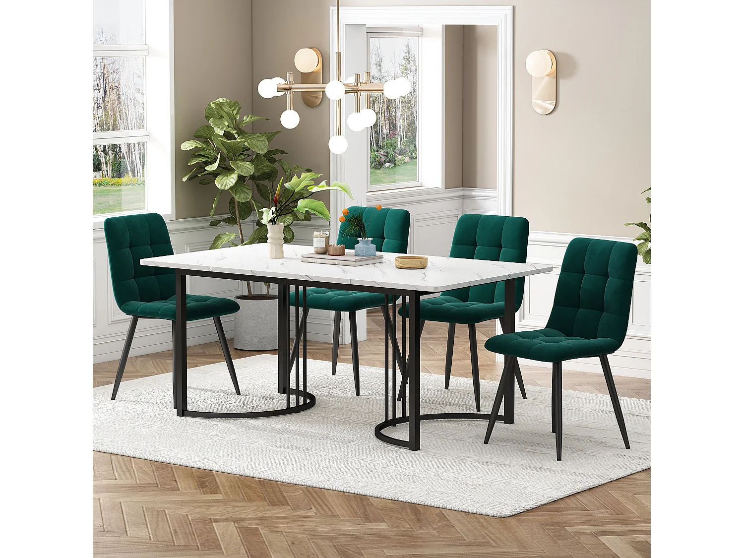 Eetkamerset, tafel 140×80×75 cm met 4 stoelen, MDF+metaal+fluweel, zwart+wit+donkergroen