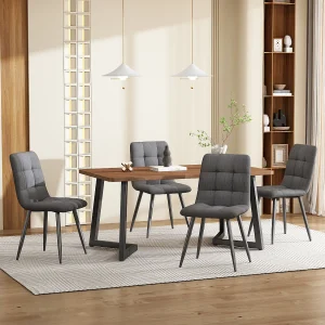 Eetkamerset, tafel 140×80×75 cm met 4 stoelen, MDF+metaal+linnen, zwart+walnoot+donkergrijs Eetkamerset, tafel 140×80×75 cm met 4 stoelen, MDF+metaal+linnen, zwart+walnoot+donkergrijs